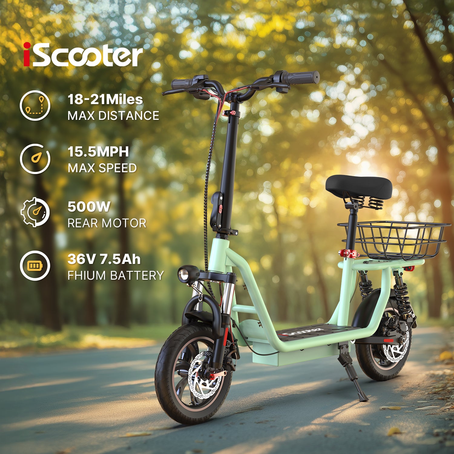 iScooter i12 500W Electric Scooter With Seat & Carry Basket
