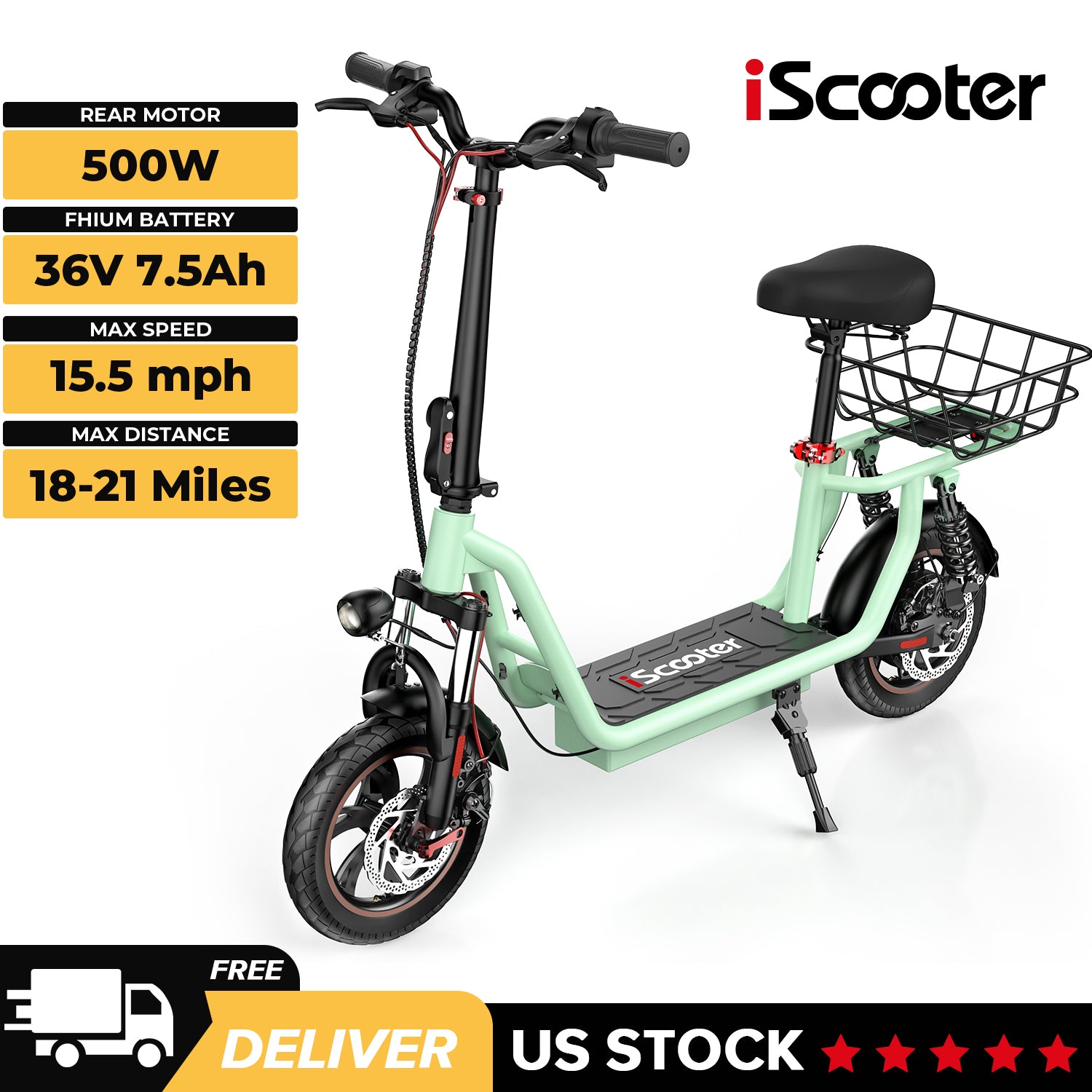 iScooter i12 500W Electric Scooter With Seat & Carry Basket